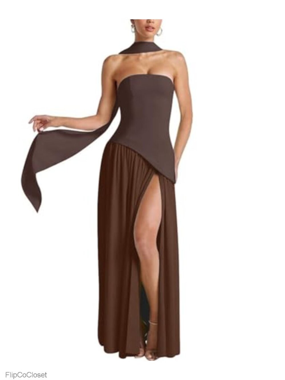 Strapless Patchwork Maxi Dress with Scarf High Slit Party Club Prom Wedding